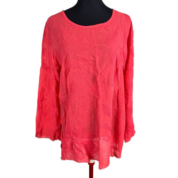 Chicos Womens 2 US 12 Coral Flowy Embroidered Sheer Long Sleeve Lightweight Top - Picture 11 of 11